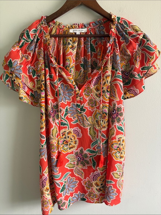 Rose & Olive Tops - Rose + Olive 1X Coral Floral Flutter Sleeve Boho Blouse Tassel Tie